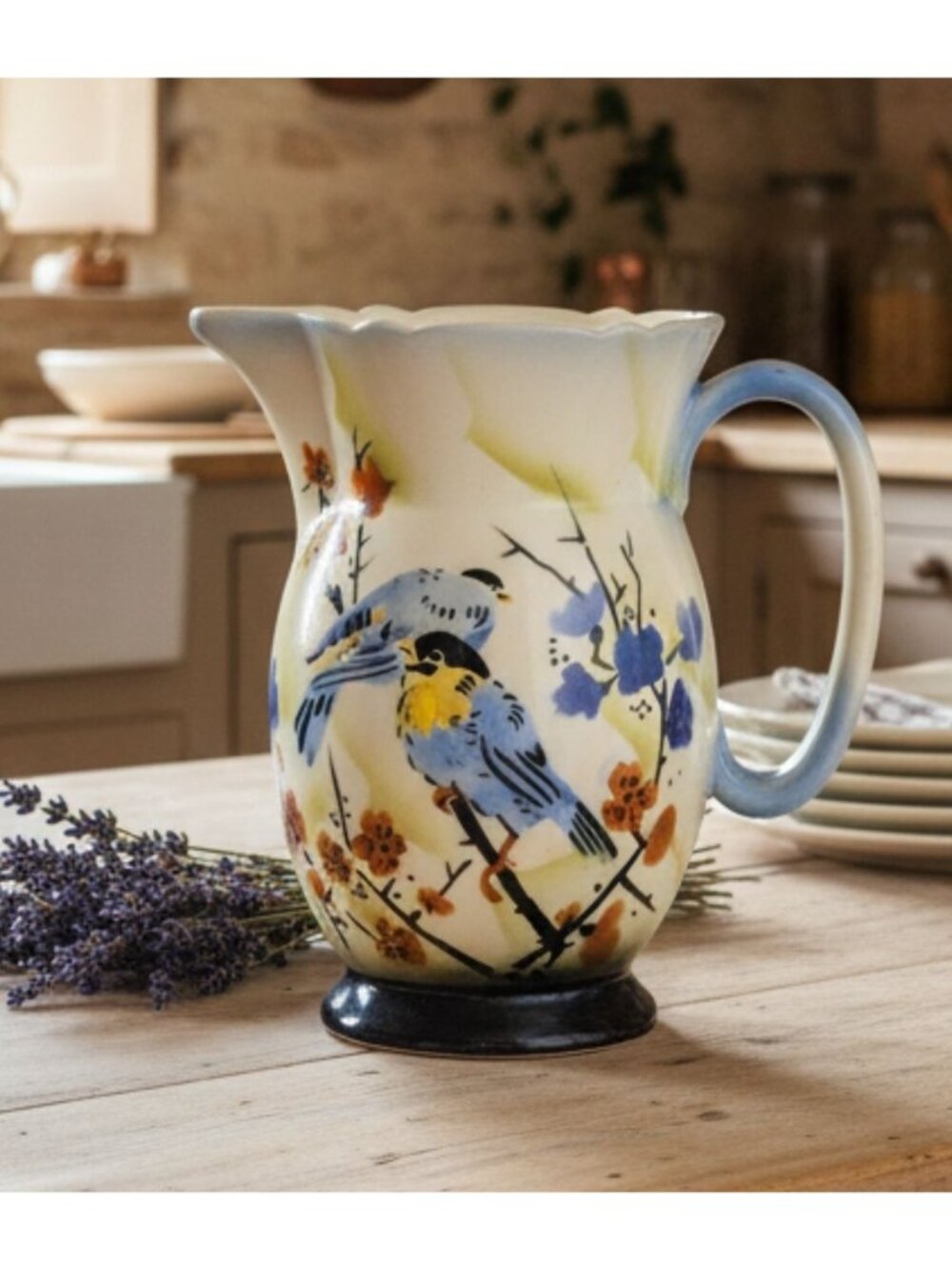 Hand-Painted Antique 1920s Ceramic Pitcher With Bird & Floral, Bohemian Czech